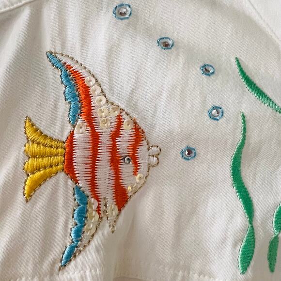 Quacker Factory Jacket Womens 2X Embroidered Tropical Fish Reef Zip Cotton White - Picture 10 of 14